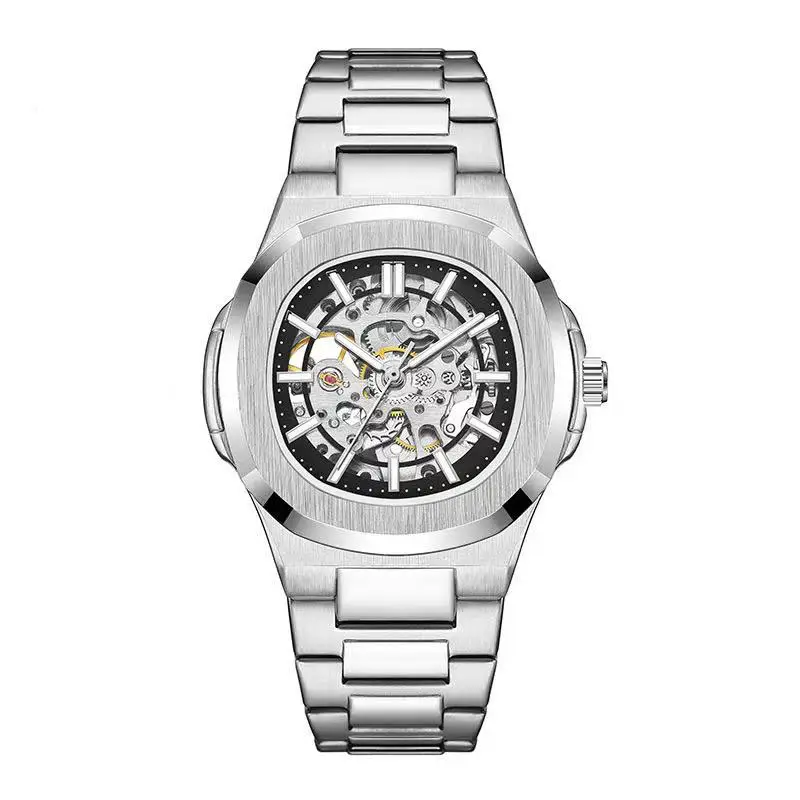 Retro Square Watch Men's Stylish Cut Out Mechanical Watch Fully Automatic Tourbillon Neutral Easiest for match Luminous Steel Belt Trendy