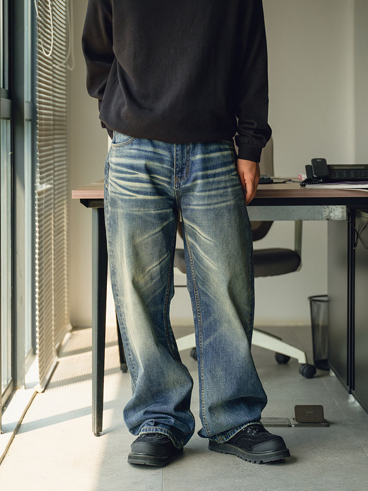 Trs Bull King Series | 26Ss Kanglong Retro Deep Blue Washed Vintage Loose A-Line Straight-Leg Denim Pants