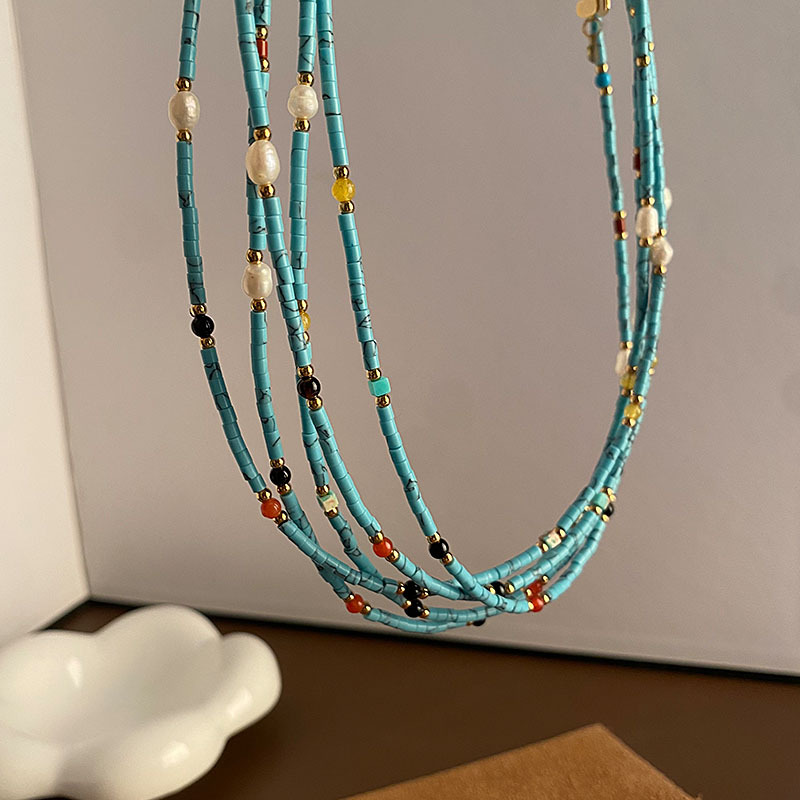 Natural Red Agate Turquoise Stone Beaded Sweater Necklace Accessories for Women, Spring Layered Wear, High-End Clavicle Chain Neck Chain