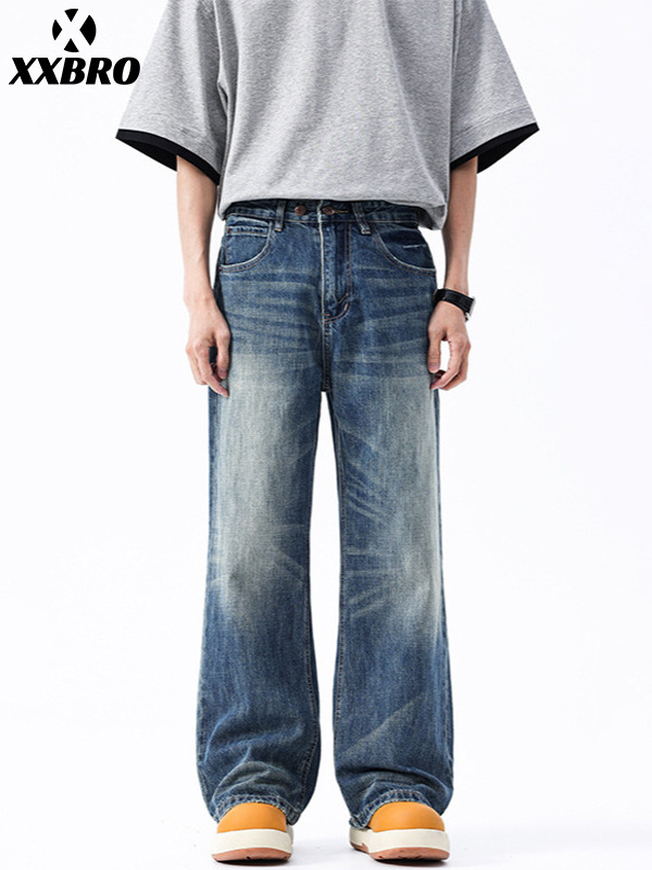 Muxi Clothing # Spring and Autumn American Retro Washed Versatile Cleanfit Jeans for Men, Straight Loose Long Pants.
