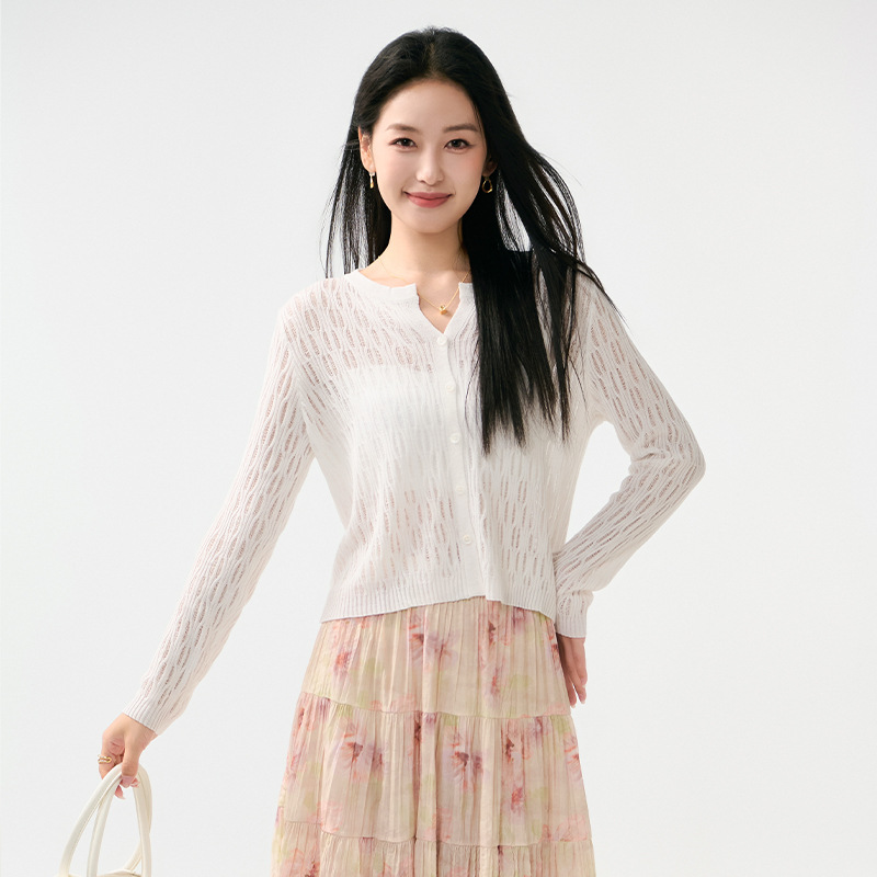 Spring and Summer New Style Lyocell Tencel Linen Knit Cardigan, Thin Hollow-Out Long-Sleeve Slim-Fit Skin-Friendly Top for Women
