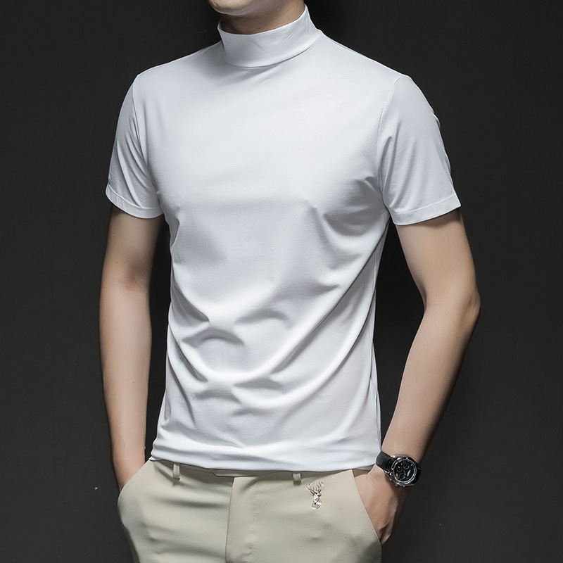 Amazon Four Seasons Men's Round Neck Half-High Collar Short Sleeve T-Shirt New Solid Color Slim Fit Youth Mid-Neck Base Layer Top