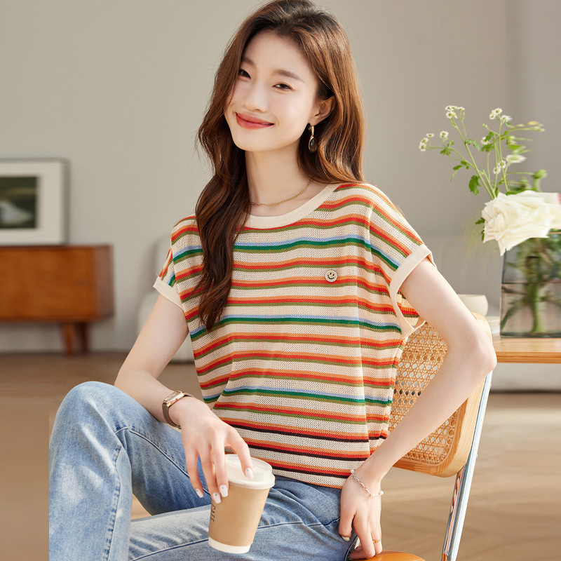 Bat Sleeve Rainbow Striped Crewneck Short-sleeved T-shirt Women's Shoulder Summer 2024 New Thin Ice Silk Knitted Top