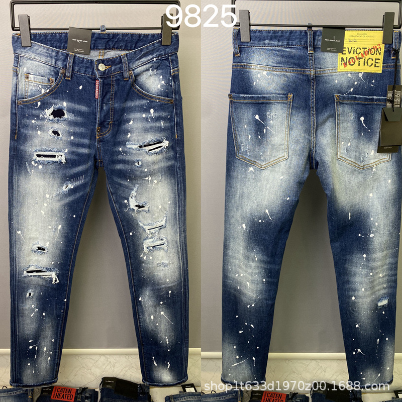 9825 2023D2 Men's Denim Pants Quadratic Hole Painted White Small Straight Leg Cross-border Tide Jeans