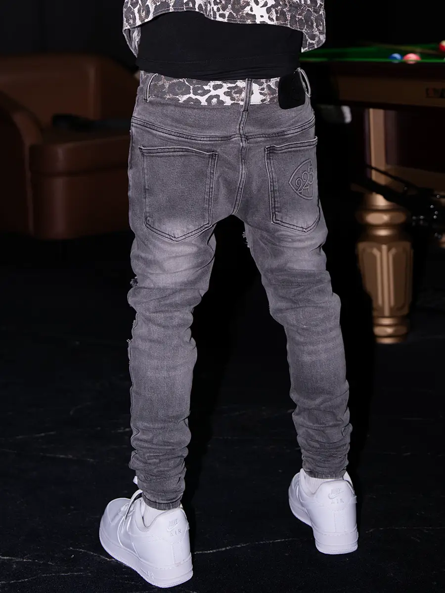 Tgfclub American Street hip hop Rapper Comfy Basics Patched Leopard Print silm Skinny Jeans Washed Denim