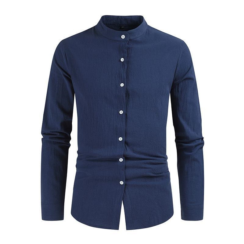 2026 New Cross-Border European and American Men's Shirts, Solid Color Simple Cotton and Linen Shirts, Cardigans, Round Neck Fashionable Long-Sleeved Shirts