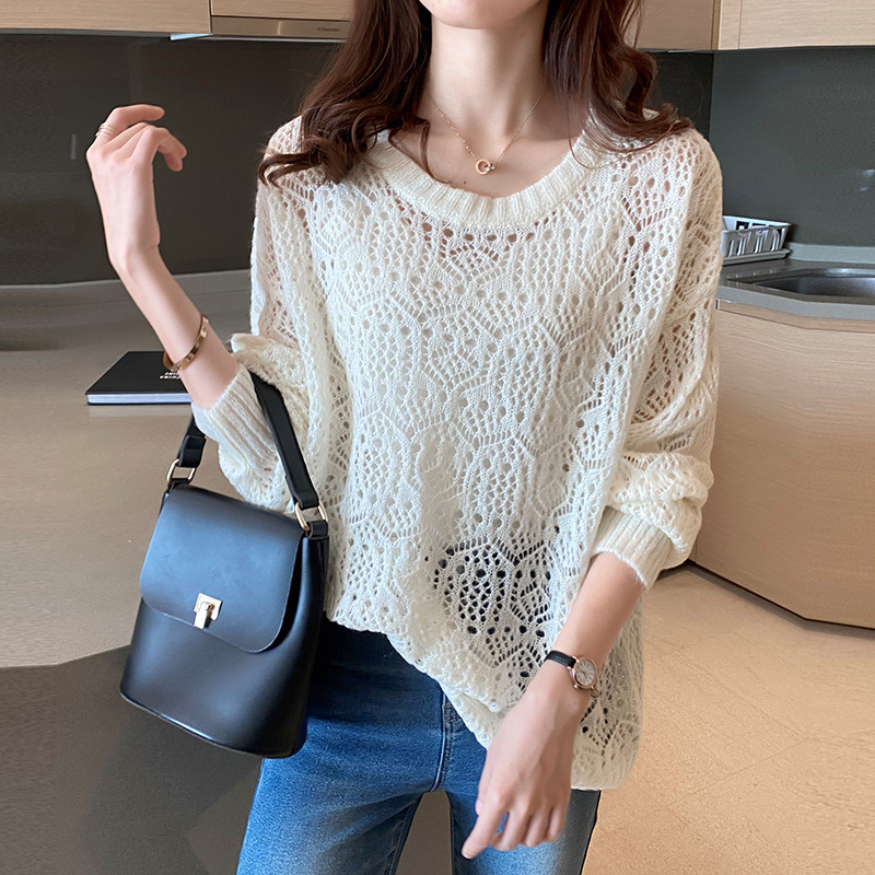 Hollow Knit Sweater Women's Thin Loose Spring 2024 New Style Moohair Sweater Outer Wear Base Top Blouse