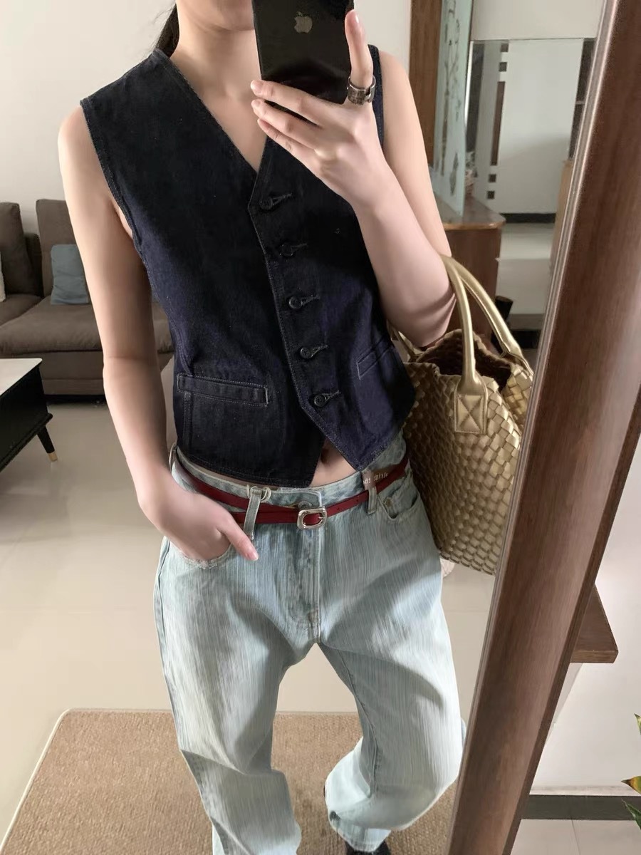 New Arrival All-Match Slim Look Classic Original Cow Retro V-Neck Tight Waist Denim Vest Women's 5006