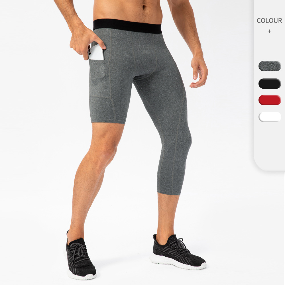 Men's Tight-Fitting Single-Leg Fitness Pants with Flap Pocket Pantss, Long and Short-Leg Basketball Training Leggings, Quick-Drying Three-Quarter Sports Pants 21329