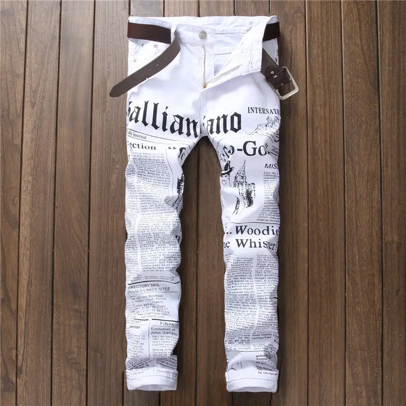 New Korean Style Trendy Printed English Letter Long Pants for Young Men, White Slim Fit Skinny Casual Jeans