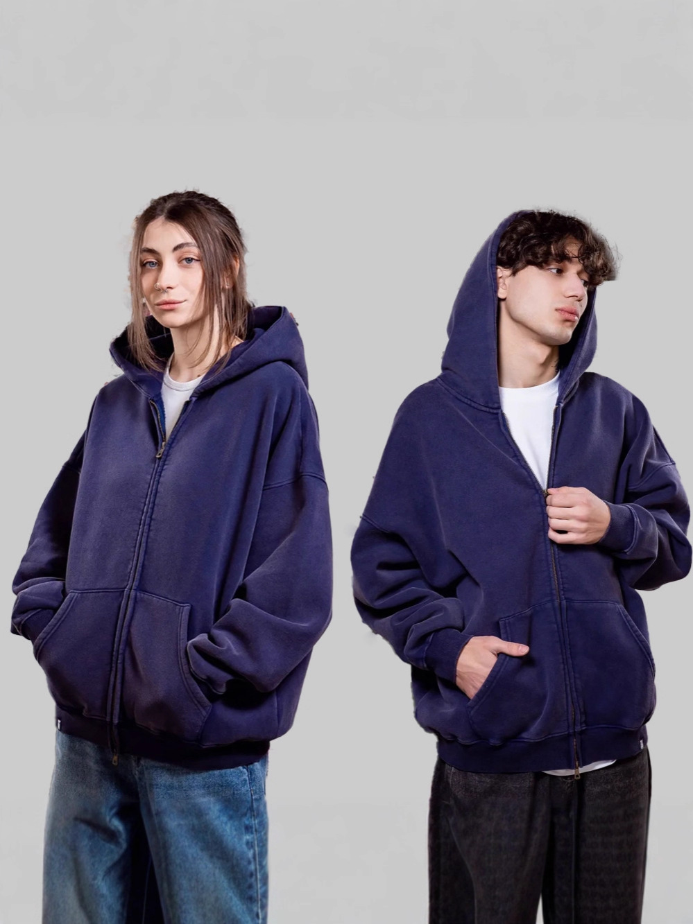 Amazon American-Style Fleece Trendy Brand Washed Hoodie Zip-Up Vintage Double-Zip Sweatshirt Unisex Loose Hoodie