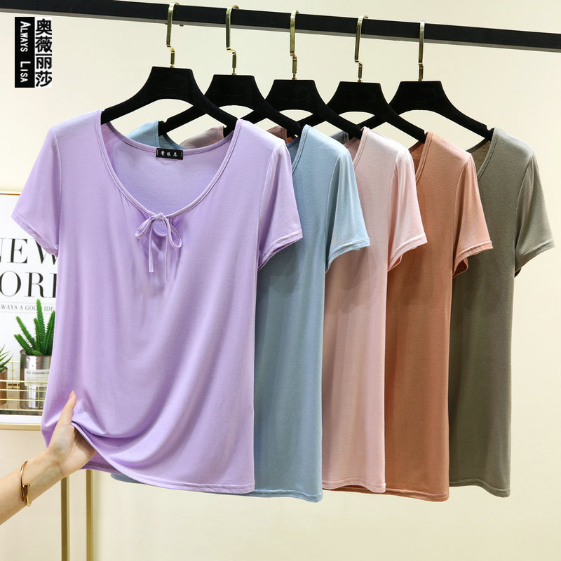 Korean-Style Design Lace-Up Round-Neck Short-Sleeve T-Shirt for Women, Summer Thin Modal Slim-Fit Stylish Versatile Top