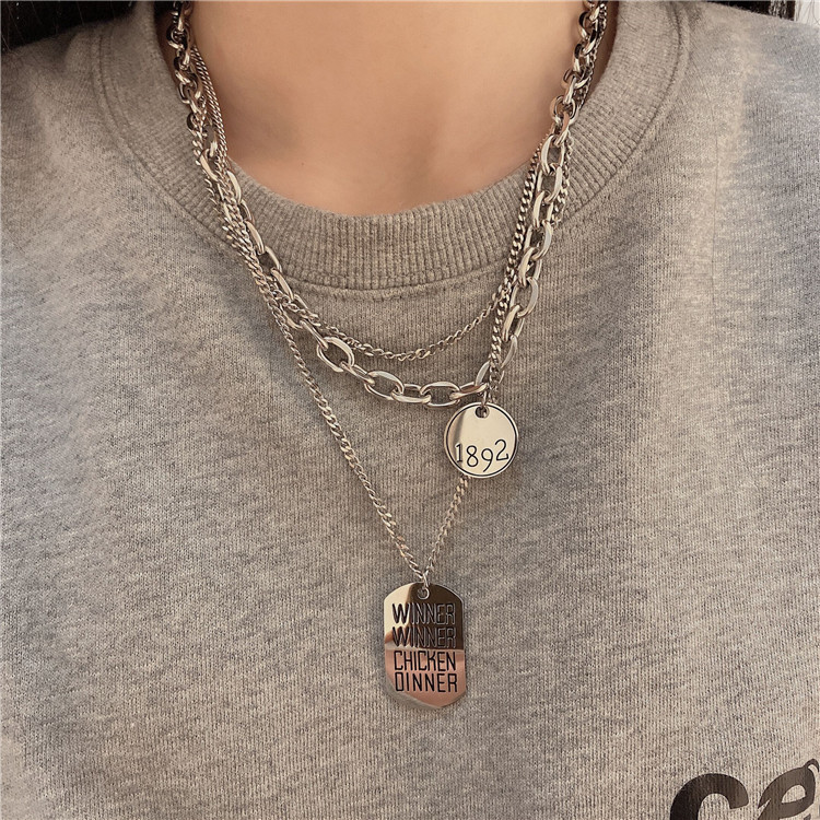Niche Design Multi-layer Stacked Round Brand Square Brand Necklace Cold Style Hip Hop Fashion Brand Sweater Chain Sweater Necklace Titanium Steel