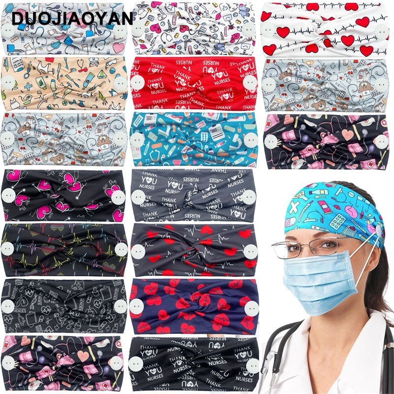 European and American New Medical hair band Anti-tightening button mask headscarf cross elastic printing wide headband medical headscarf