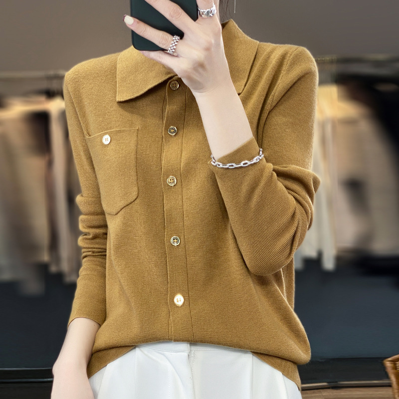 Lapel Wool Knitted Top Women's 2023 Spring and Autumn New Explosions Polo Neck Sweater Inner Pullover Base Shirt for Women