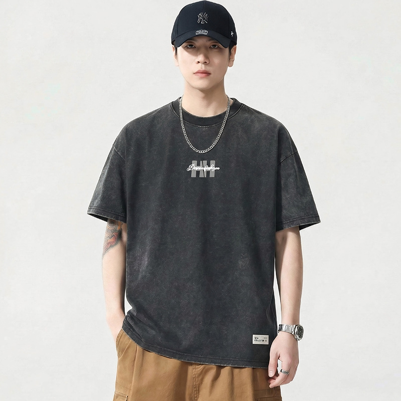 Y2606 | Plus-Size Men's Summer Vintage Distressed Snowflake T-Shirt, Loose Trendy Brand Washed Printed Short-Sleeve T-Shirt.