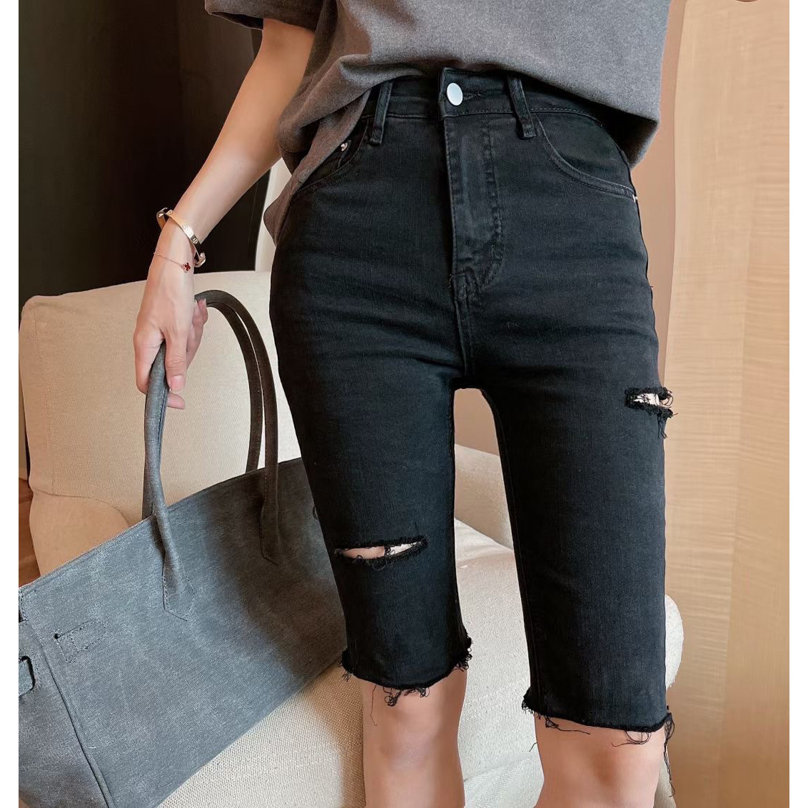 Five-point Pants Denim Women's Summer Thin 2021 New High Waist Black Shorts Slimming Tight Riding Pants
