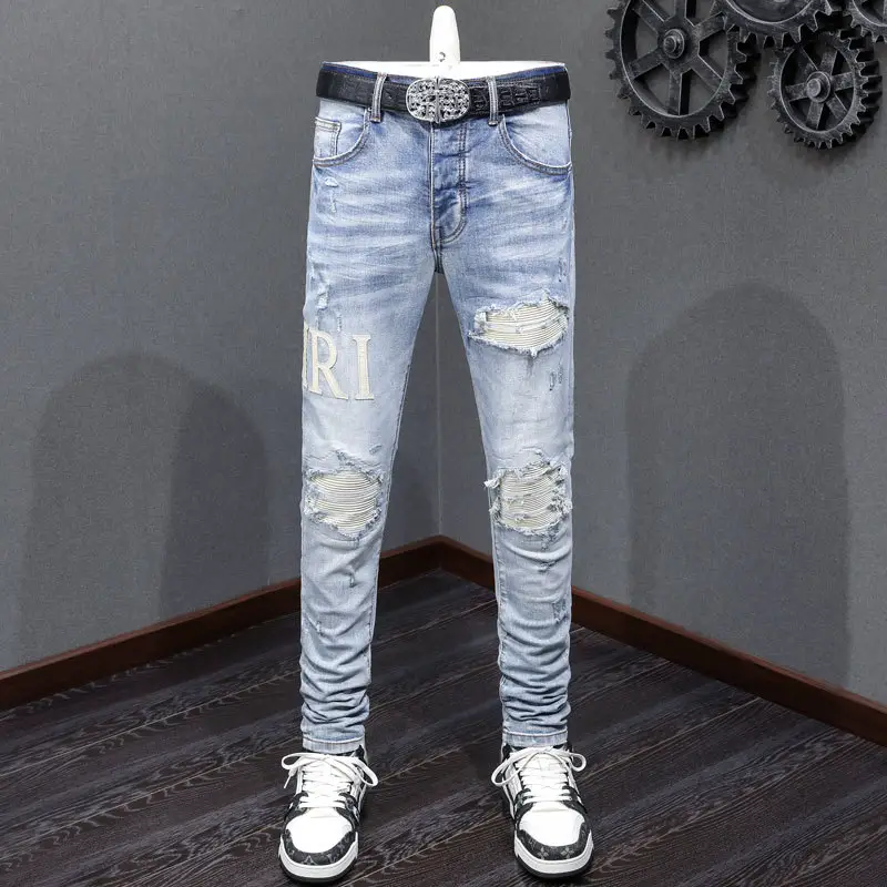 European and American Street Fashion Ripped Men's Jeans light blue Washed Trendy Brand Leather Hip-Hop Stretch Skinny Jeans