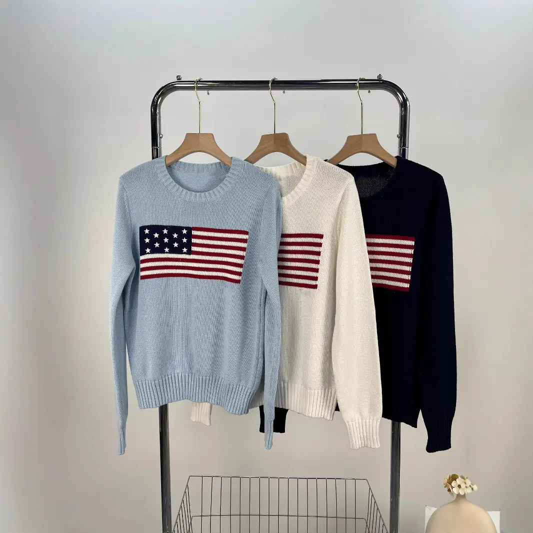 2025 fall and winter new RL heavy duty pentagram embroidery stripes flag pullover round neck knitted women's sweater female models