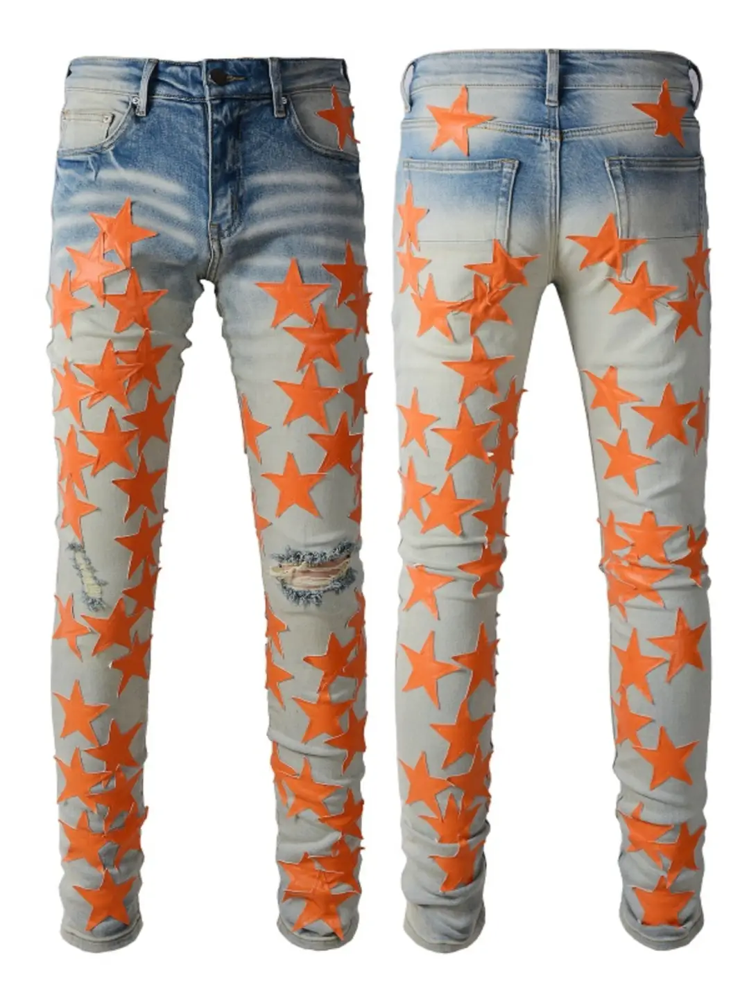 New High Street Fashion Brand Orange Star Leather Knife with Holes European and American Men's Light-Colored Stretch Slim Jeans for Men