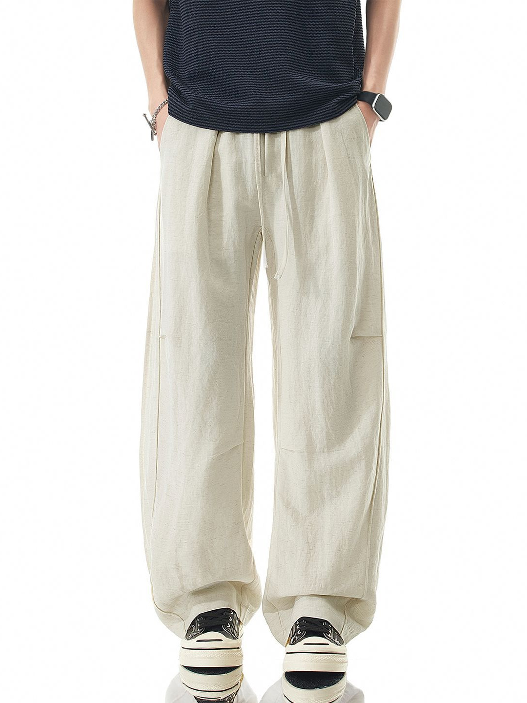 American High Street Fashion Brand Pleated Workwear Scimitar Pants for Men, Solid Color Versatile Loose Wide-Leg Drapey Floor-Length Trousers