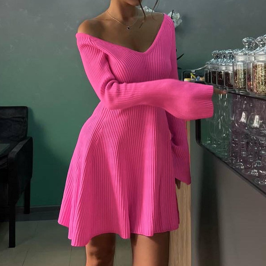 European and American Cross-Border 2023 Autumn and Winter One-Shoulder V Neck Long-Sleeved Sexy Dress Knitted Skirt Short Women's Thickeneded