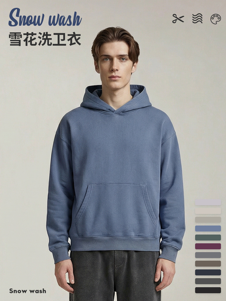 11 Colors Fried Snowflake Washed and Distressed Pure Cotton Hot Leather Heavyweight American Retro Hooded Men's and Women's Trendy Pure Color Sweatshirts