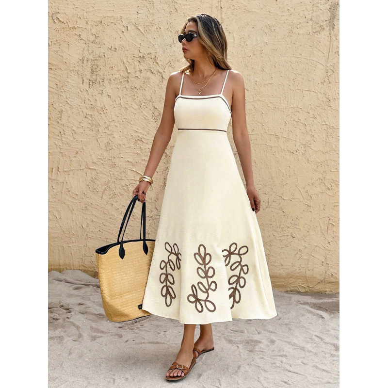 Women's Backless Spaghetti Strap Vintage Plant-Patterned Vacation and Casual Wear Dress, Women's Summer Cool Clothing