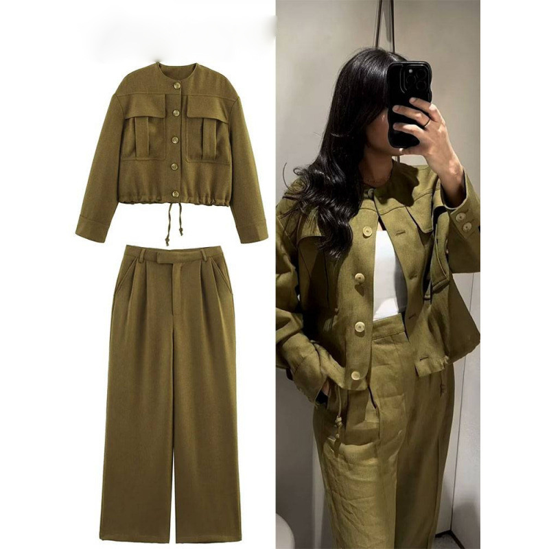 Cross-Border Women's Clothing Wholesale 2026 Spring New European and American Style Pocket Decorated Bomber Jacket Straight Pants Suit
