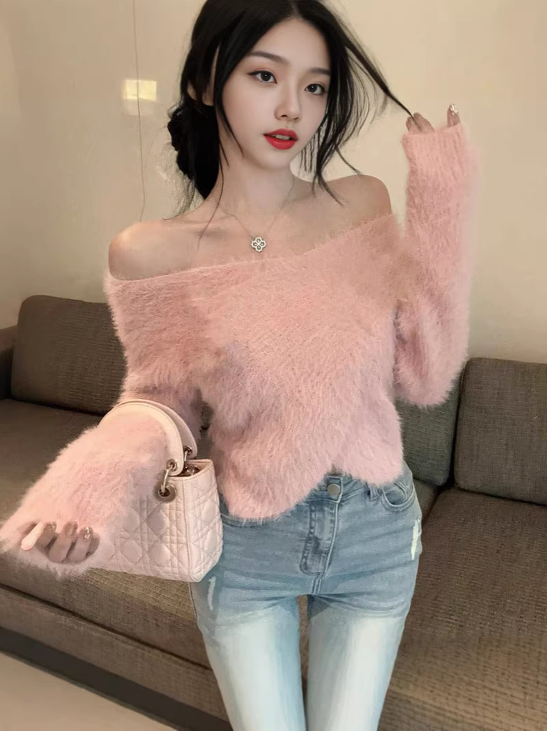 Sweet and Gentle Imitation Mink Velvet Mohair Knitted Sweater Autumn and Winter New Style Irregular Cross-Over Three-Dimensional Floral Top for Women