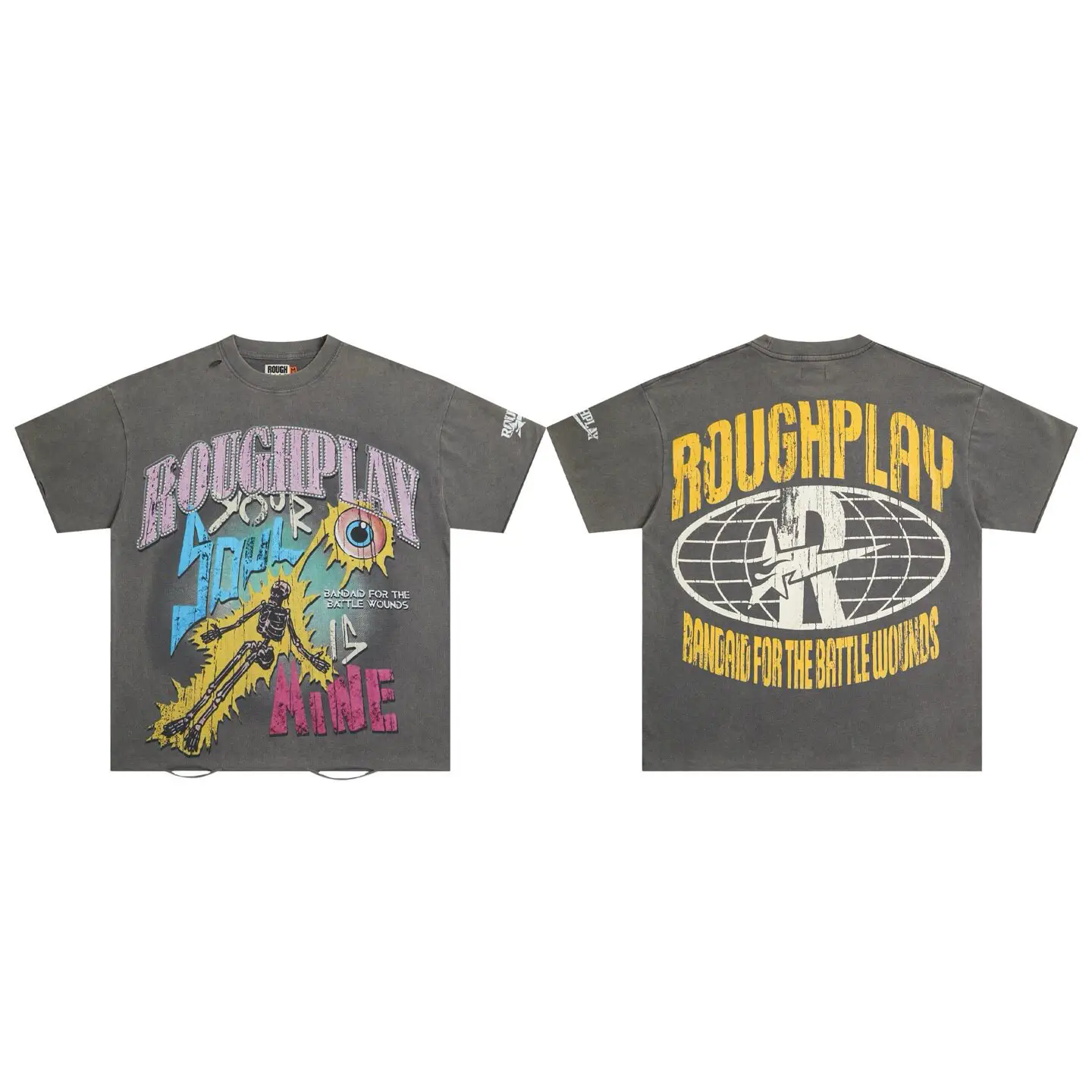Roughplay Soul T-Shirt White Ink Direct Spray Rhinestone Pure Cotton Street Fashion Brand Short-Sleeved T-Shirt