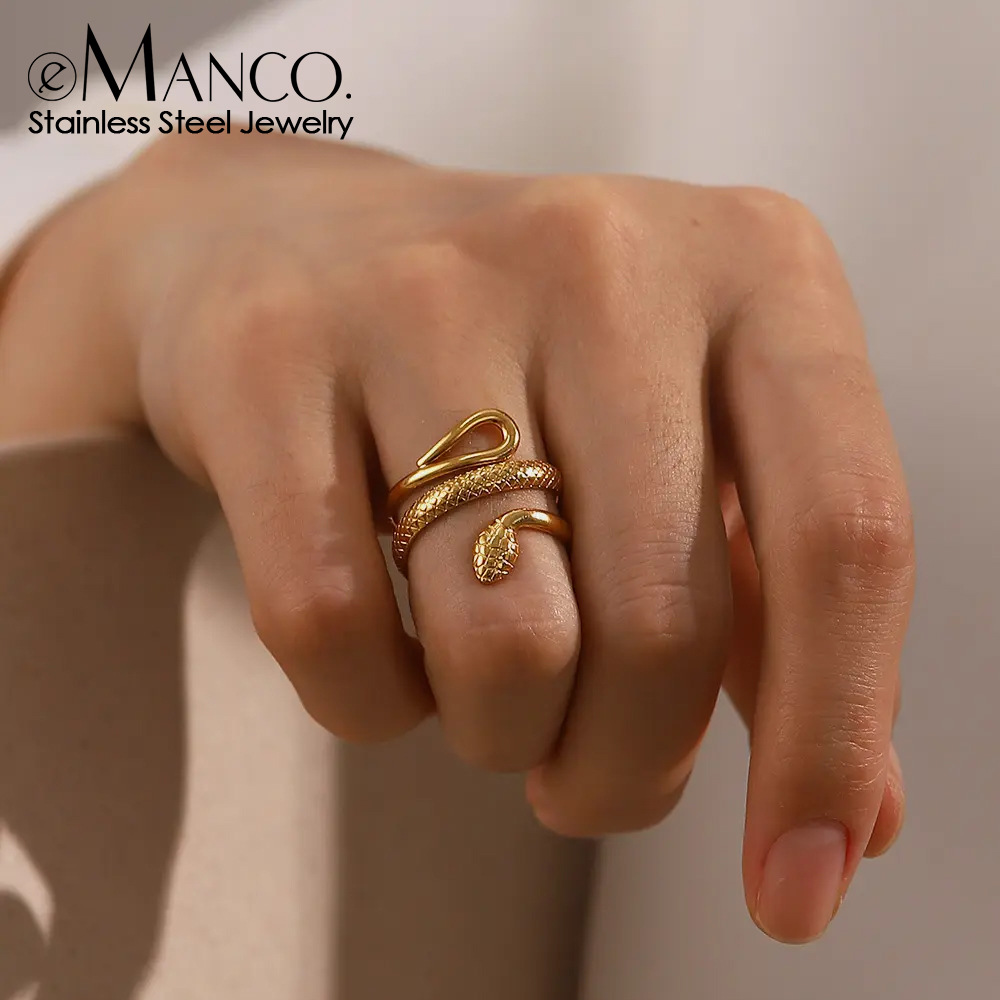 eManco18K Gold Plated Stainless Steel Classic Texture Snake Design Hollow Adjustable Ring Women Fashion Ring