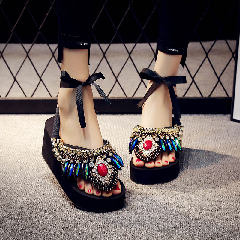 European and American-style handmade Bohemian sandals and slippers gemstone vintage ethnic style slippers muffin slimming flip-flops