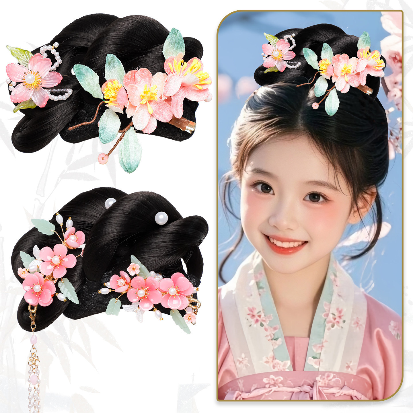 Ancient Style Hanfu Cute Girls' Wig and Hair Accessory Set, Versatile One-Piece Court-Style Hair Ornament for Traditional Costume Photoshoots