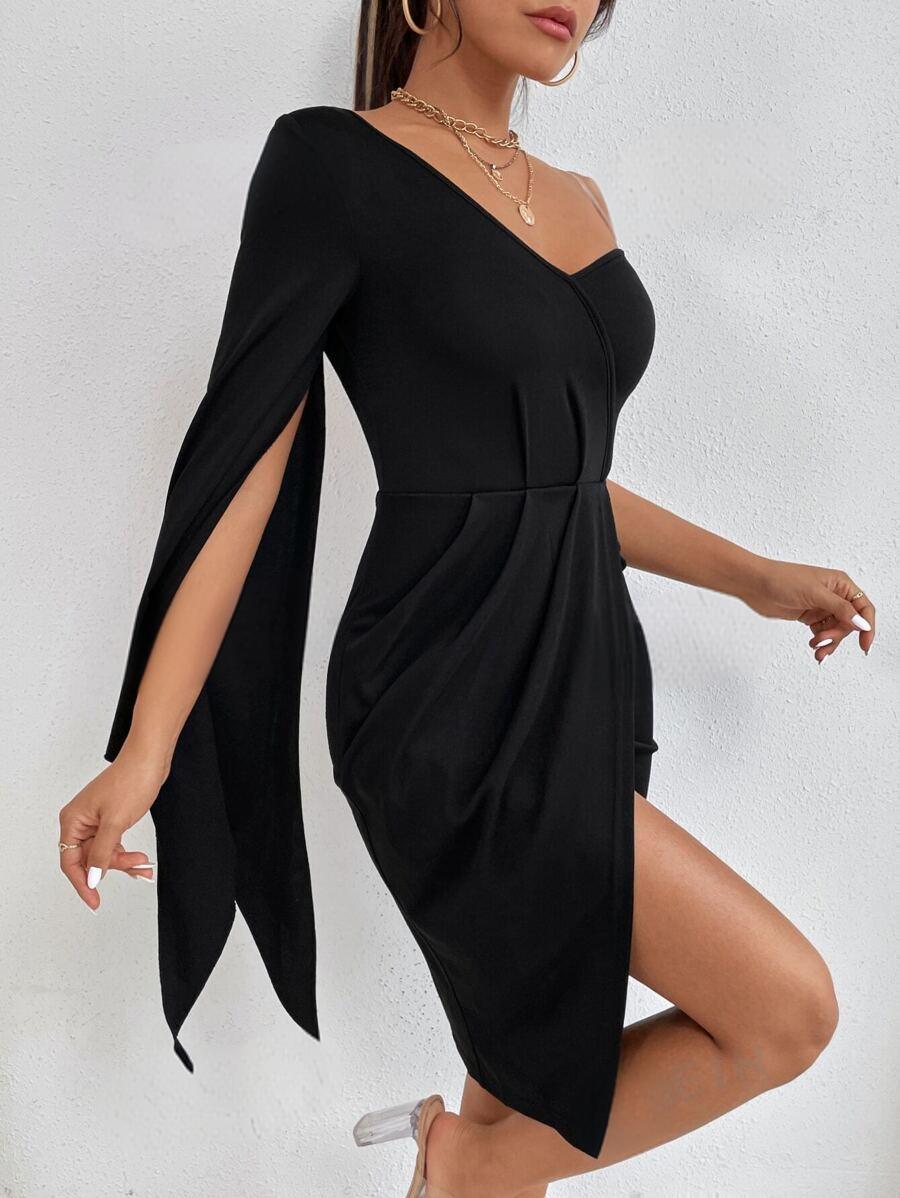 2024 Xiyin Amazon's Fast-stimulating Popular Dress with Transparent Shoulder Straps Asymmetrical Collar Split-sleeve Wrap Hem Dress