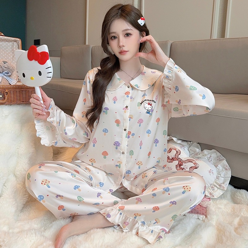 2025 New Ice Silk Women's Pajamas, Long-Sleeved Pants, Cute Style Lapel, Casual Breathable Home Clothes That Can Be Worn Outside