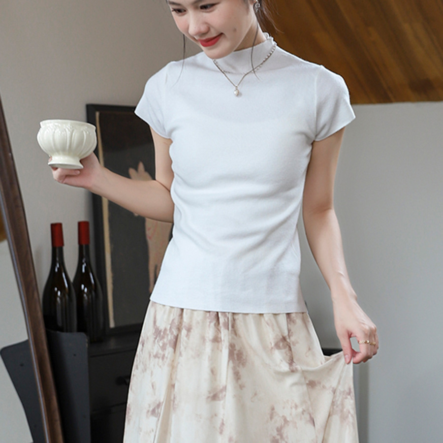 2026 Early Spring Minimalist Slim-Fit Short Sleeve Half-High Collar Skin-Friendly Velvet Knit Top Solid Color Shirt