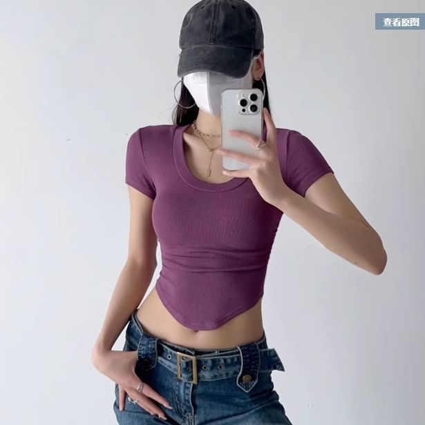 Hem Short-sleeved Women's Design Sense Top Hip-hop Street Dance Summer T-shirt Navel Hot Girls Curved Big Dress Round Neck Slim-fit