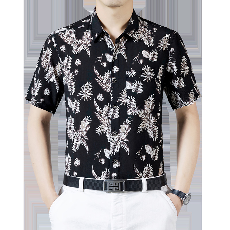 Silk-Gloss Cotton Summer Men's Short-Sleeved Shirt, Loose Casual Printed Shirt for Middle-Aged and Elderly Men, Mulberry Silk and Linen Breathable Shirt for Men