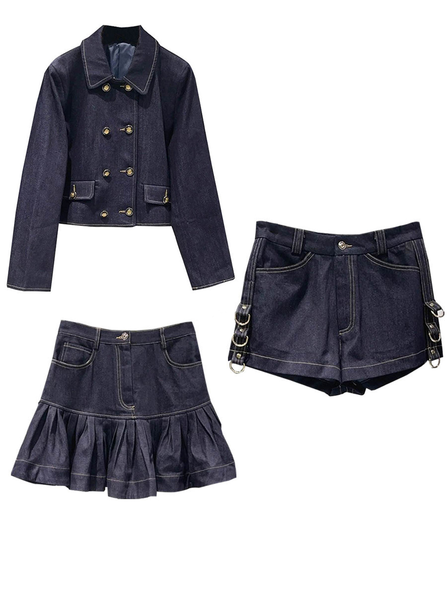 French-Style S Brand 2025 Early Autumn New Denim Jacket + Shorts + Skirt Double-Breasted Coat Pleated Short Skirt
