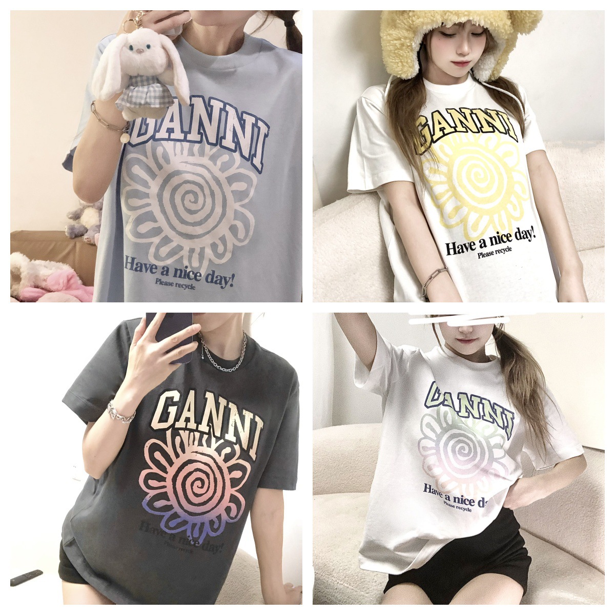 2025 New Summer Ga Letter Sun Smiley Face Print Internet Celebrity Same Style Round Neck Loose Short-Sleeved T-Shirt for Men and Women