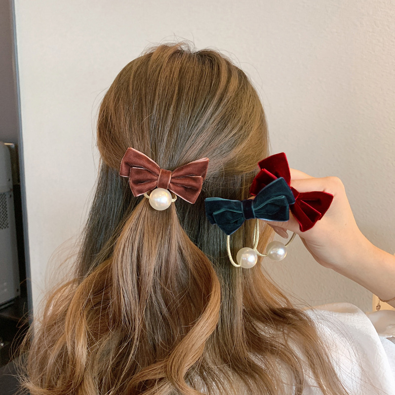 Korean Vintage Gold Velvet Bow Hair Rope French Pearl Hair Rope Ball Hair Hair Hair Strap Hair Accessories