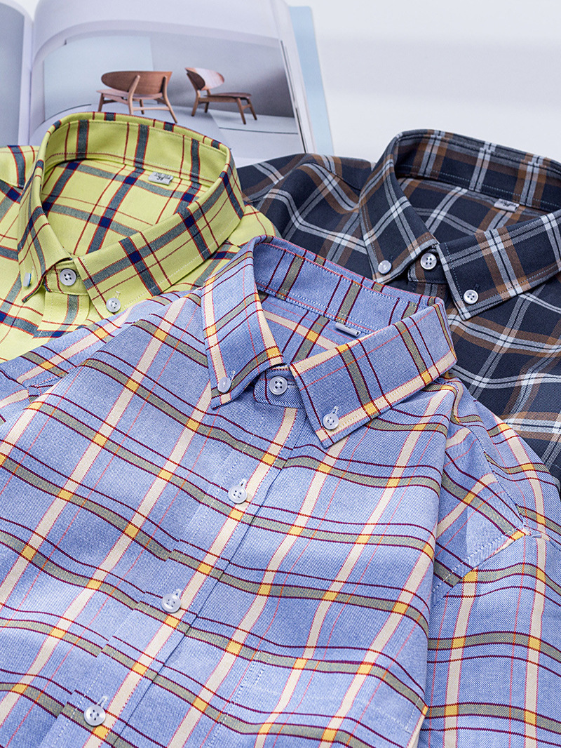 Spring 2024 new cotton Oxford long-sleeved shirt button collar casual men's plaid striped pure shirt
