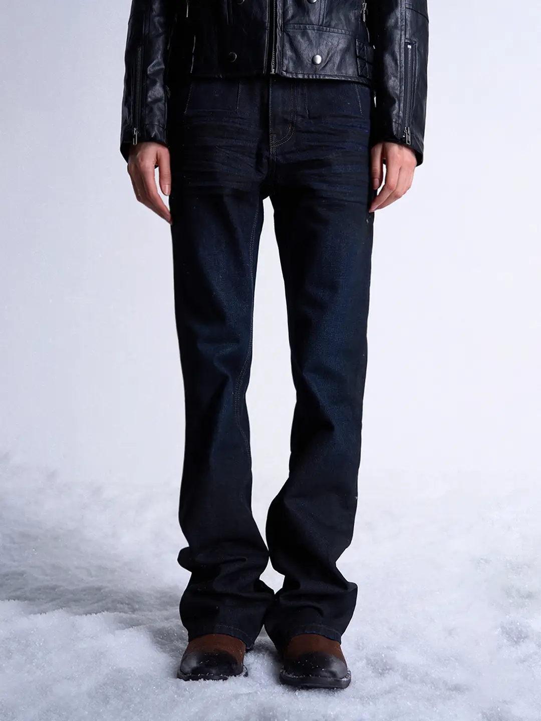 Noemosen (Noe) Waxed Dark Blue Gradient Pleated Whiskered Washed Micro-Flared Skinny Slim-Fit Jeans