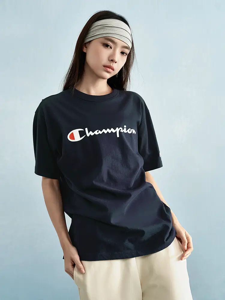 Champion Champion Short-Sleeved Men's 2025 Summer New arrival Offset Cursive Logo Trendy Round Neck T-Shirt Slogan Women's Trendy