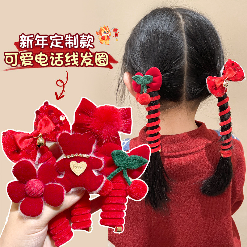 New Year's Hair Accessories Red Line Velvet Telephone Line Hair Ring High Elastic Hair Rope for Little Girls