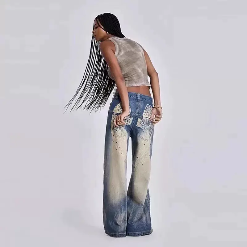 Iamubaba New arrival Jaded London Wings Print Denim Women's Autumn Retro Washed Wide-Leg Pants for Women