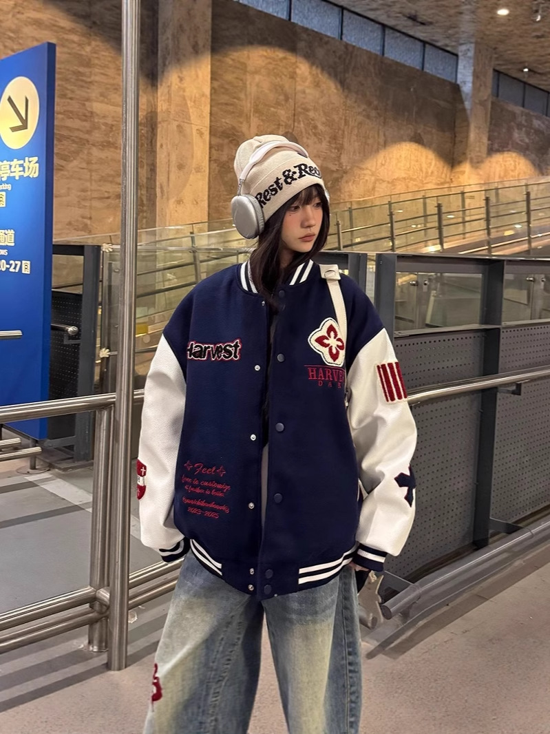 European and American Style Diamond Embroidery American Pu Leather Patchwork Baseball Jacket for Men and Women, Spring and Autumn Motorcycle Jacket, Loose Cross-Border Coat