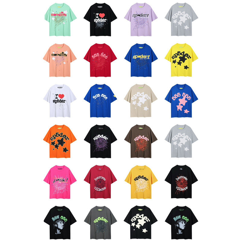 24S Cross-border European and American Fashion Brand Sp5de Spider Web 555 Figure Letter Foam Short-sleeved T-shirt for Men and Women High Street Half-sleeved
