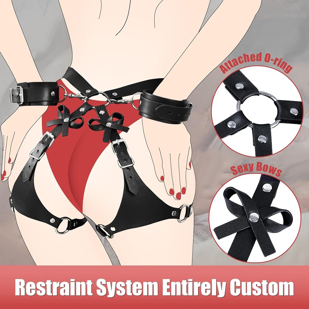 Cross-border SM Restraint Hip Wearable Handcuffs Adult Female Sex with Bow Leather Educational Sex Toy
